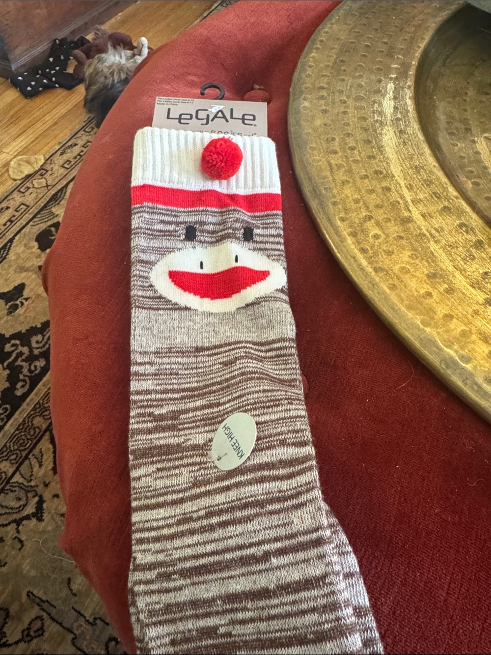 LeGale Women's Brown & White Novelty Sock with Red Pom Accent